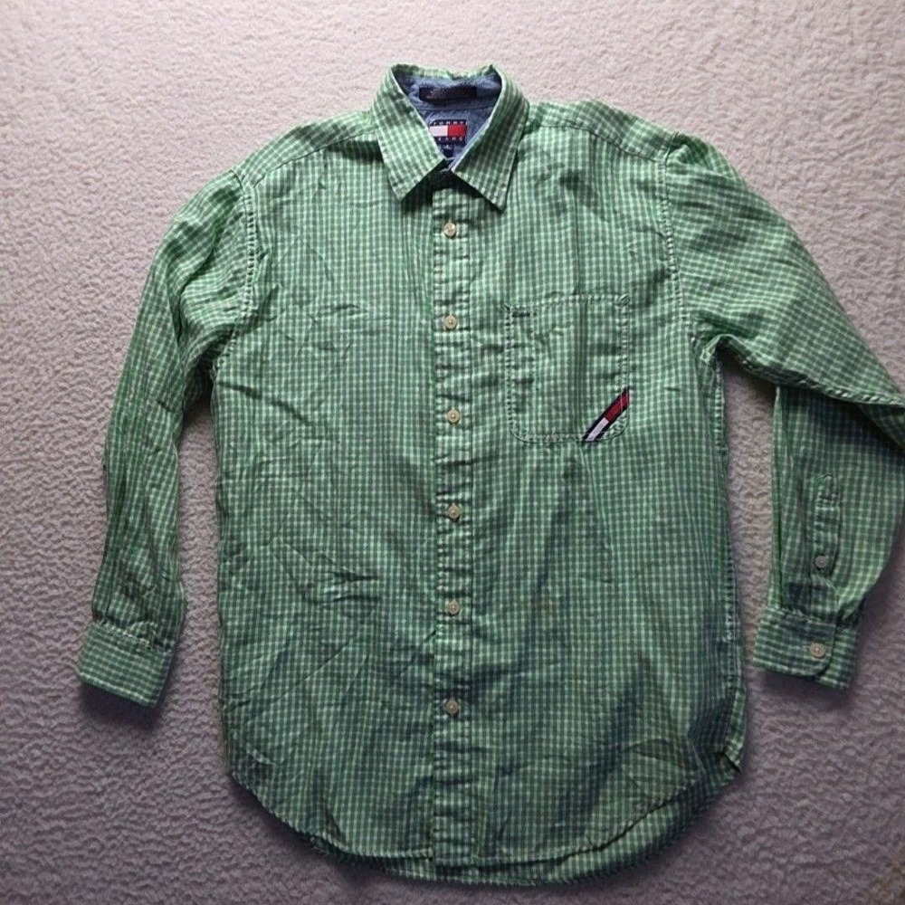 Tommy Jeans Shirt Mens Small Green Check Long Sleeve Button-Up Cotton Casual